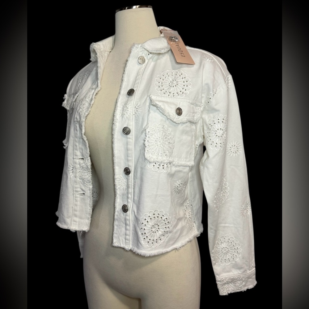 Esqualo White Eyelet Women’s Denim Jacket | Pockets | Size 4 | New w/tags